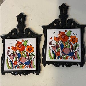 Pair of vintage flower power ceramic tile  trivets/wall plaques Sanyo Japan